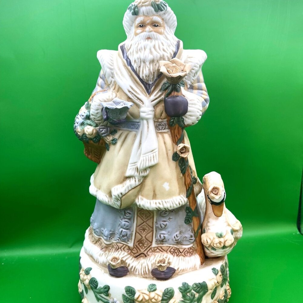 VTG Ceramic Old World Father Christmas Music Box Figurine Flowers Swan Holiday